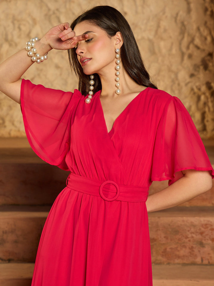 Women Fuchsia V-Neck Short Sleeve Belted Maxi Dress