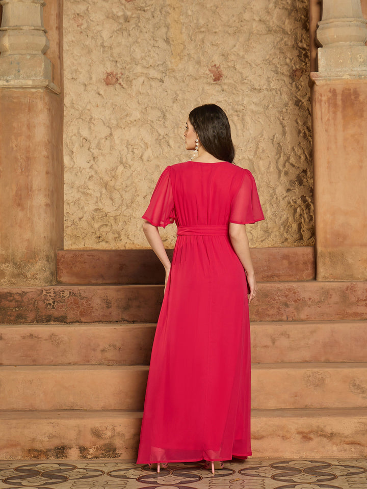 Women Fuchsia V-Neck Short Sleeve Belted Maxi Dress