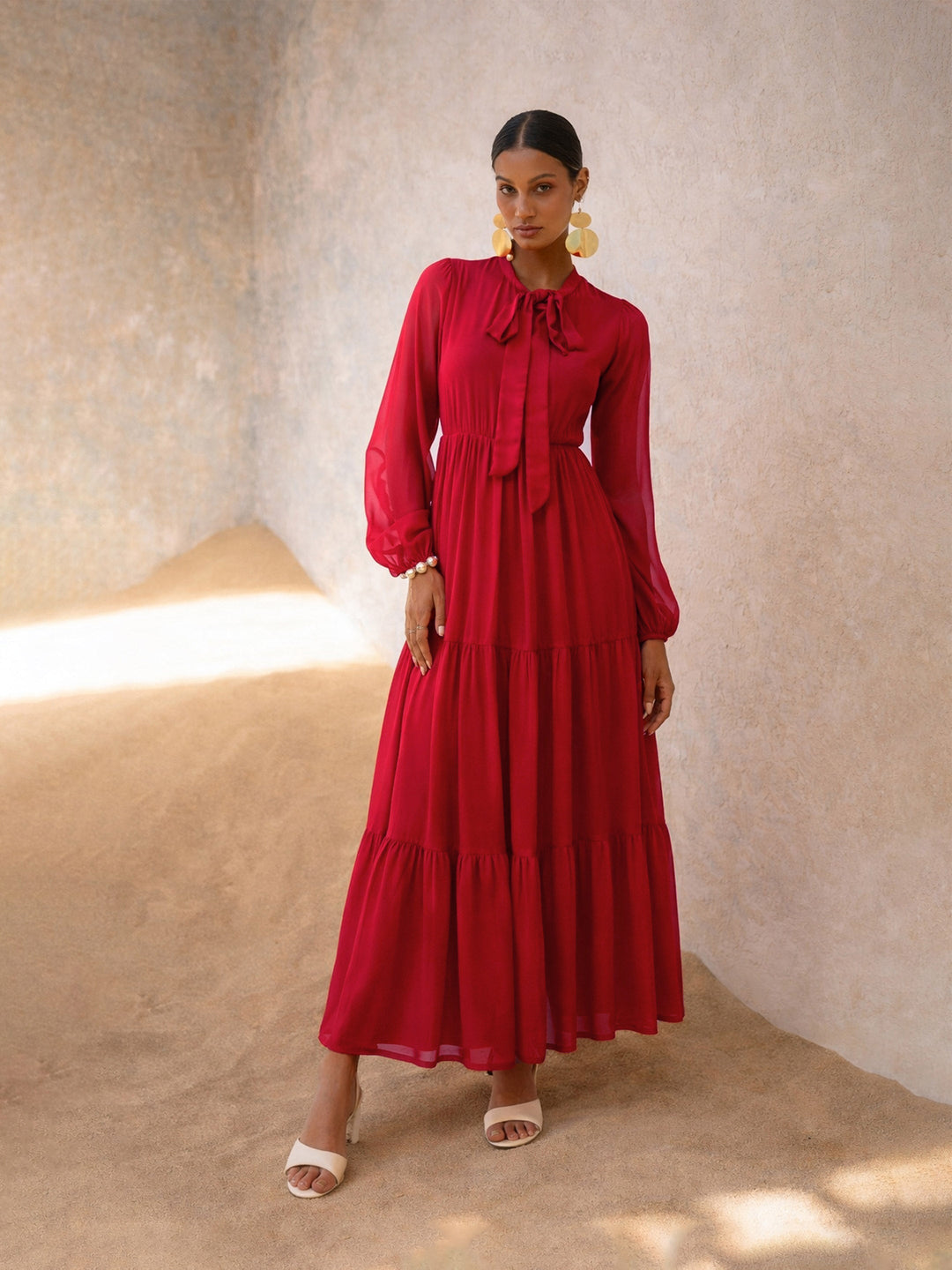 Women Red Round Neck Full Sleeve Maxi Dress