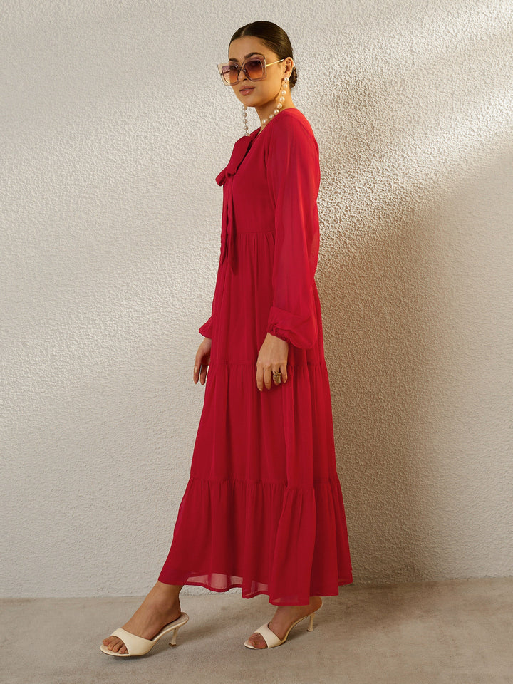 Women Red Round Neck Full Sleeve Maxi Dress