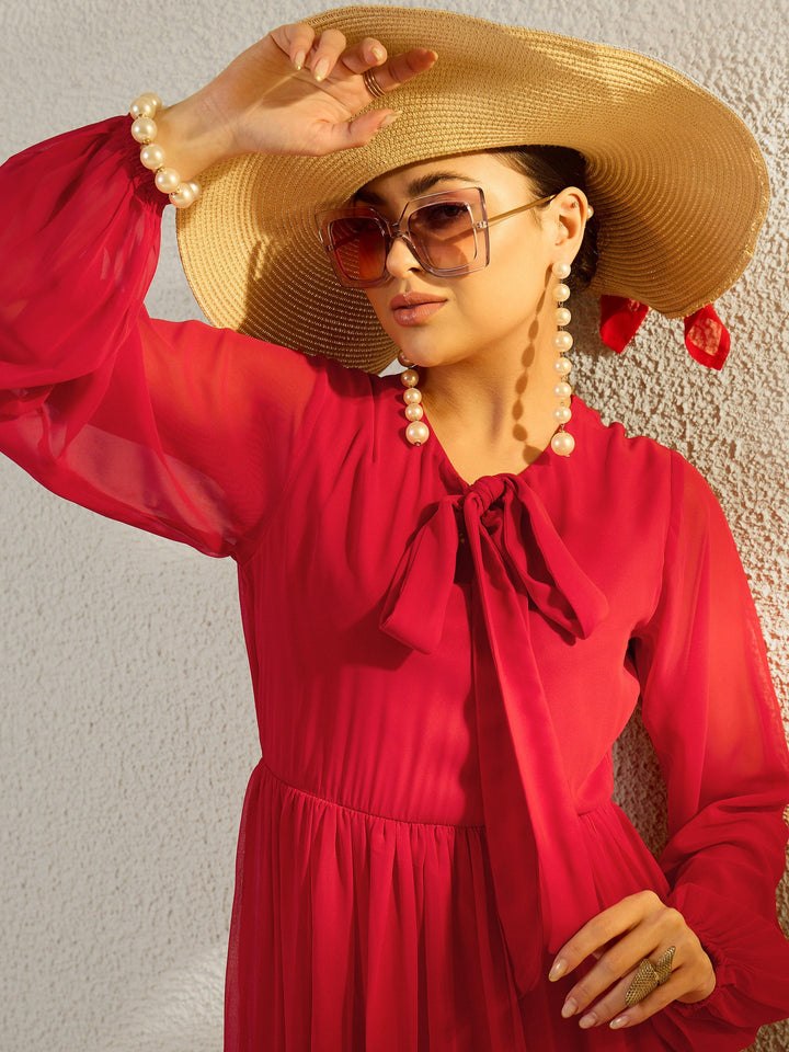 Women Red Round Neck Full Sleeve Maxi Dress