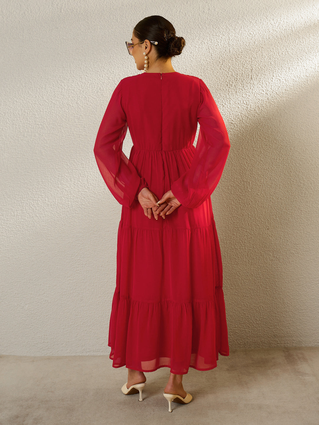 Women Red Round Neck Full Sleeve Maxi Dress