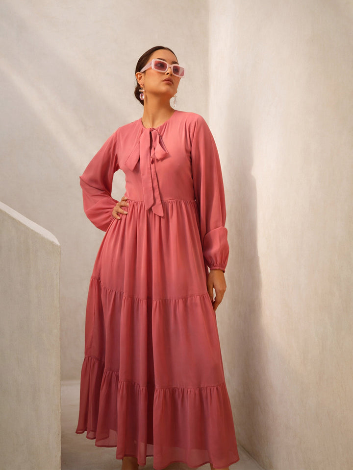 Women Pink Round Neck Full Sleeve Maxi Dress