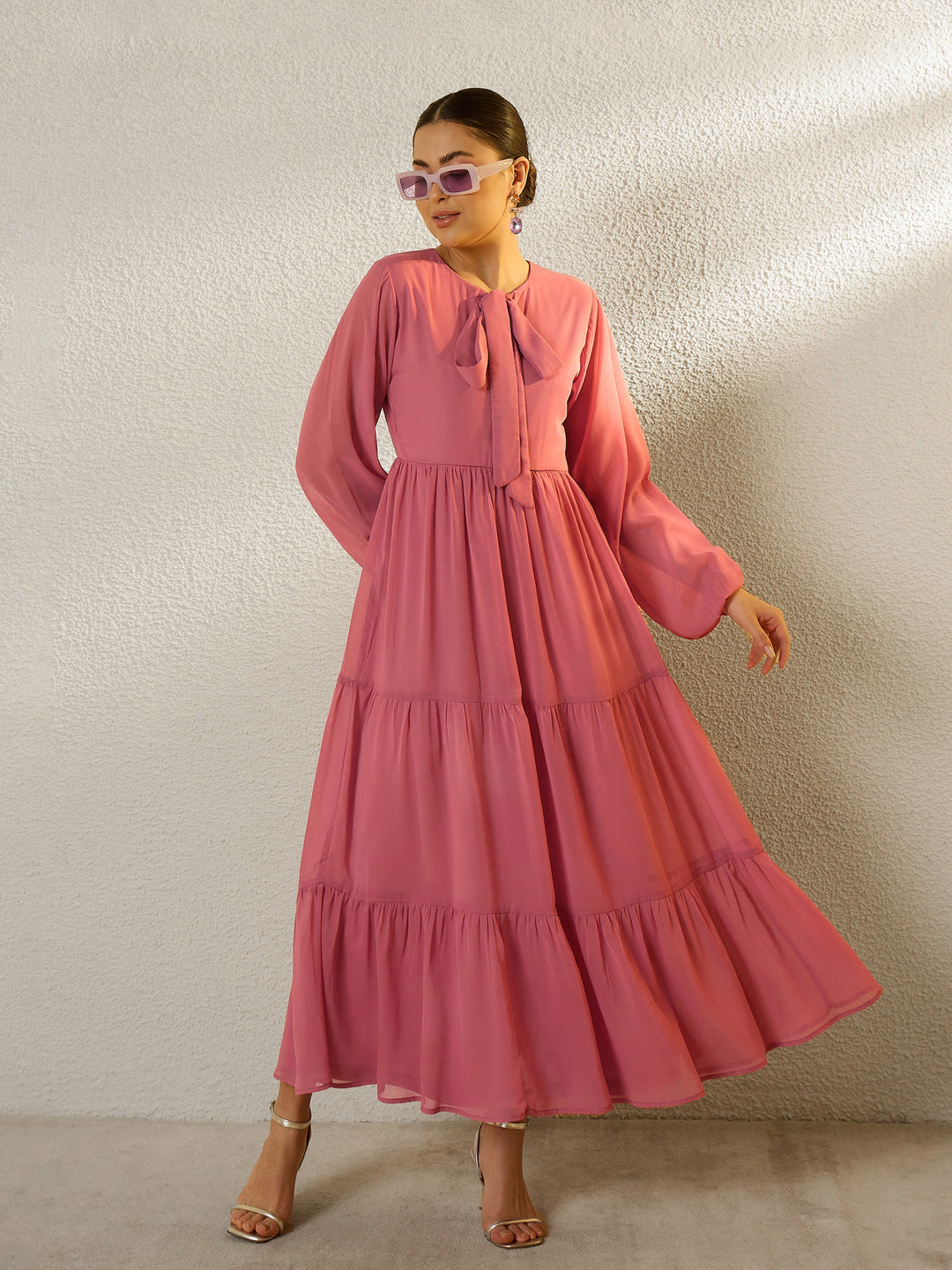 Women Pink Round Neck Full Sleeve Maxi Dress