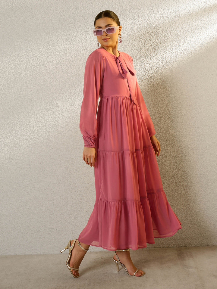 Women Pink Round Neck Full Sleeve Maxi Dress