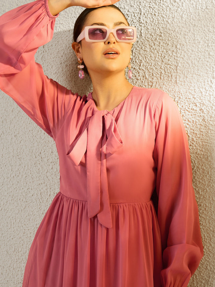 Women Pink Round Neck Full Sleeve Maxi Dress