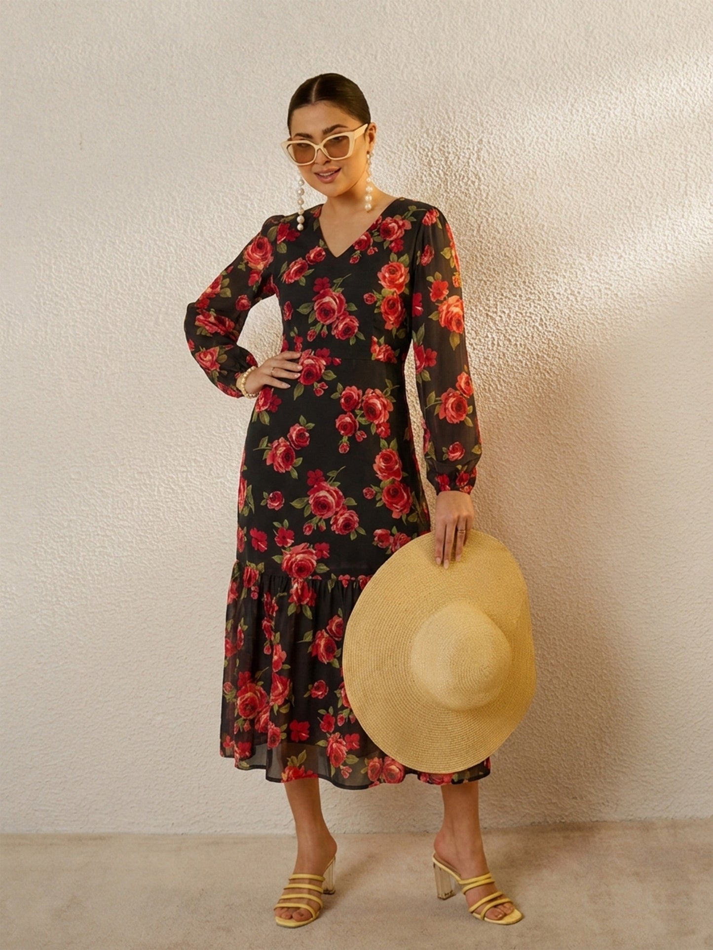 Women Black Floral Balloon Sleeve Midi Dress