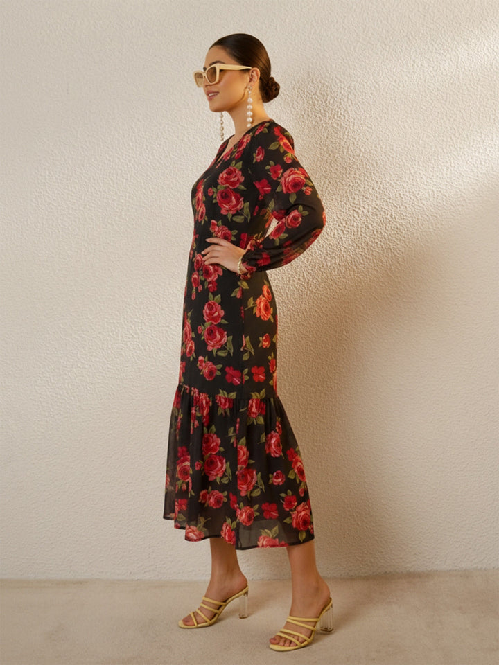 Women Black Floral Balloon Sleeve Midi Dress