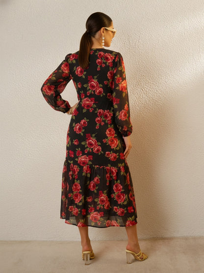 Women Black Floral Balloon Sleeve Midi Dress