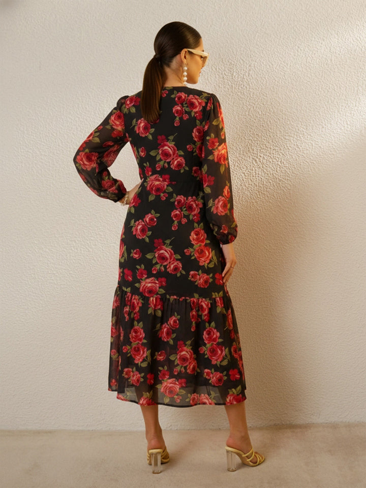 Women Black Floral Balloon Sleeve Midi Dress