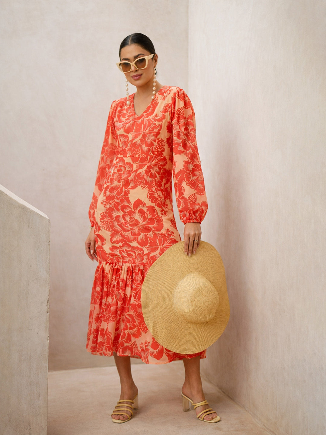 Women Orange Floral Balloon Sleeve Midi Dress