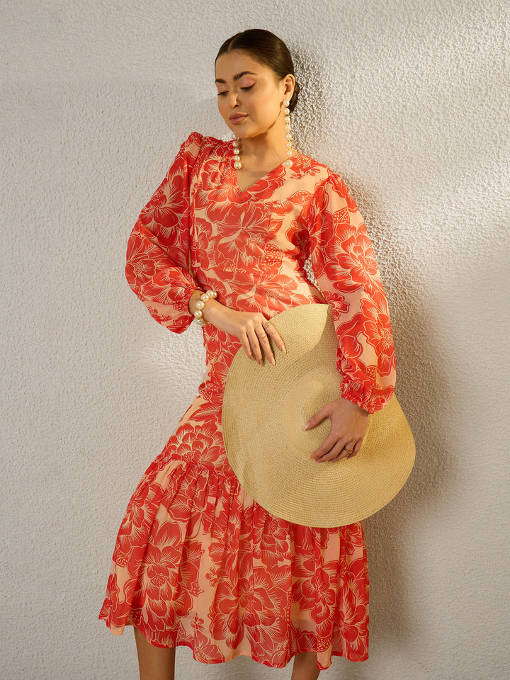 Women Orange Floral Balloon Sleeve Midi Dress