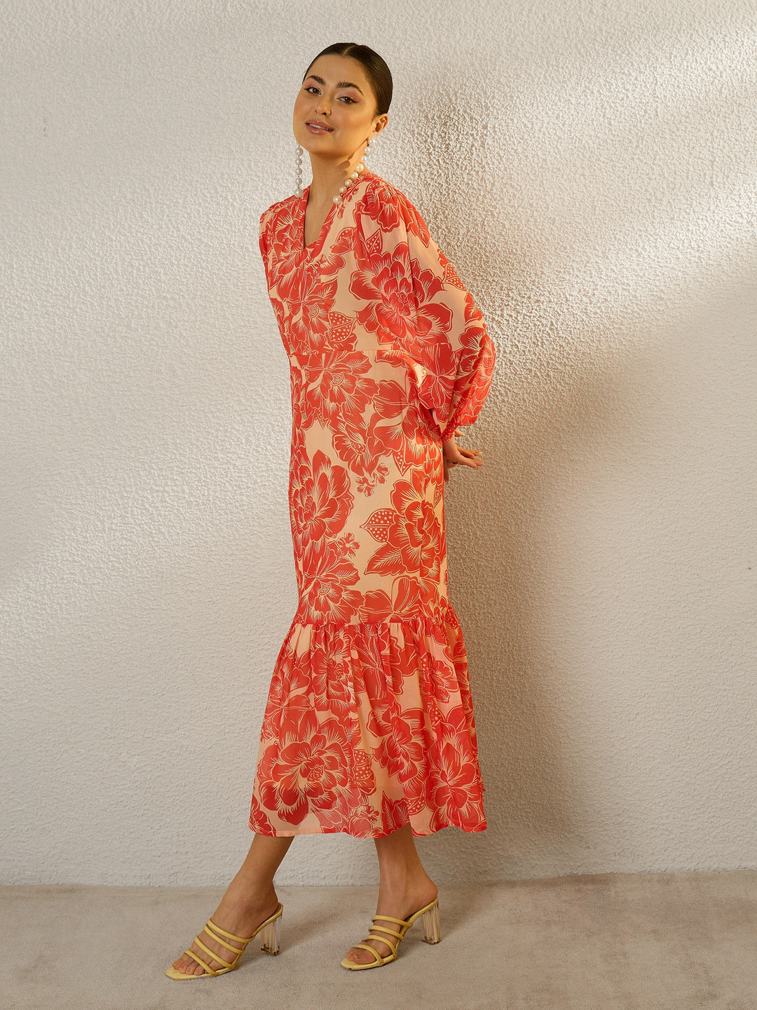 Women Orange Floral Balloon Sleeve Midi Dress