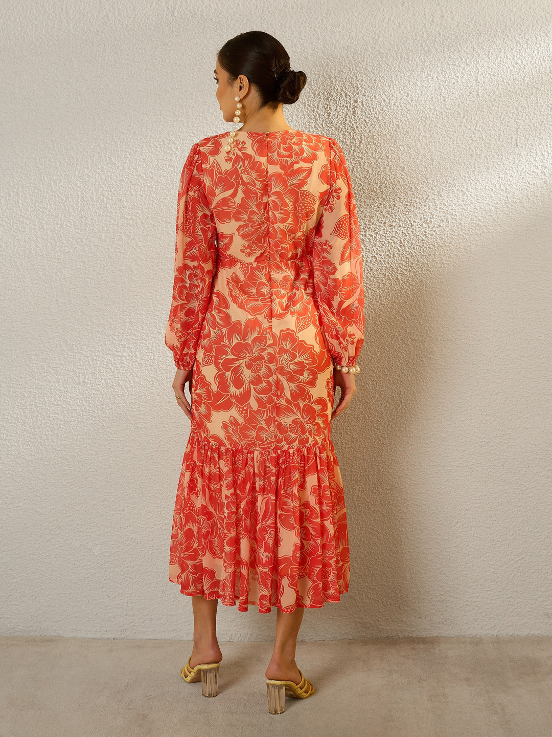 Women Orange Floral Balloon Sleeve Midi Dress