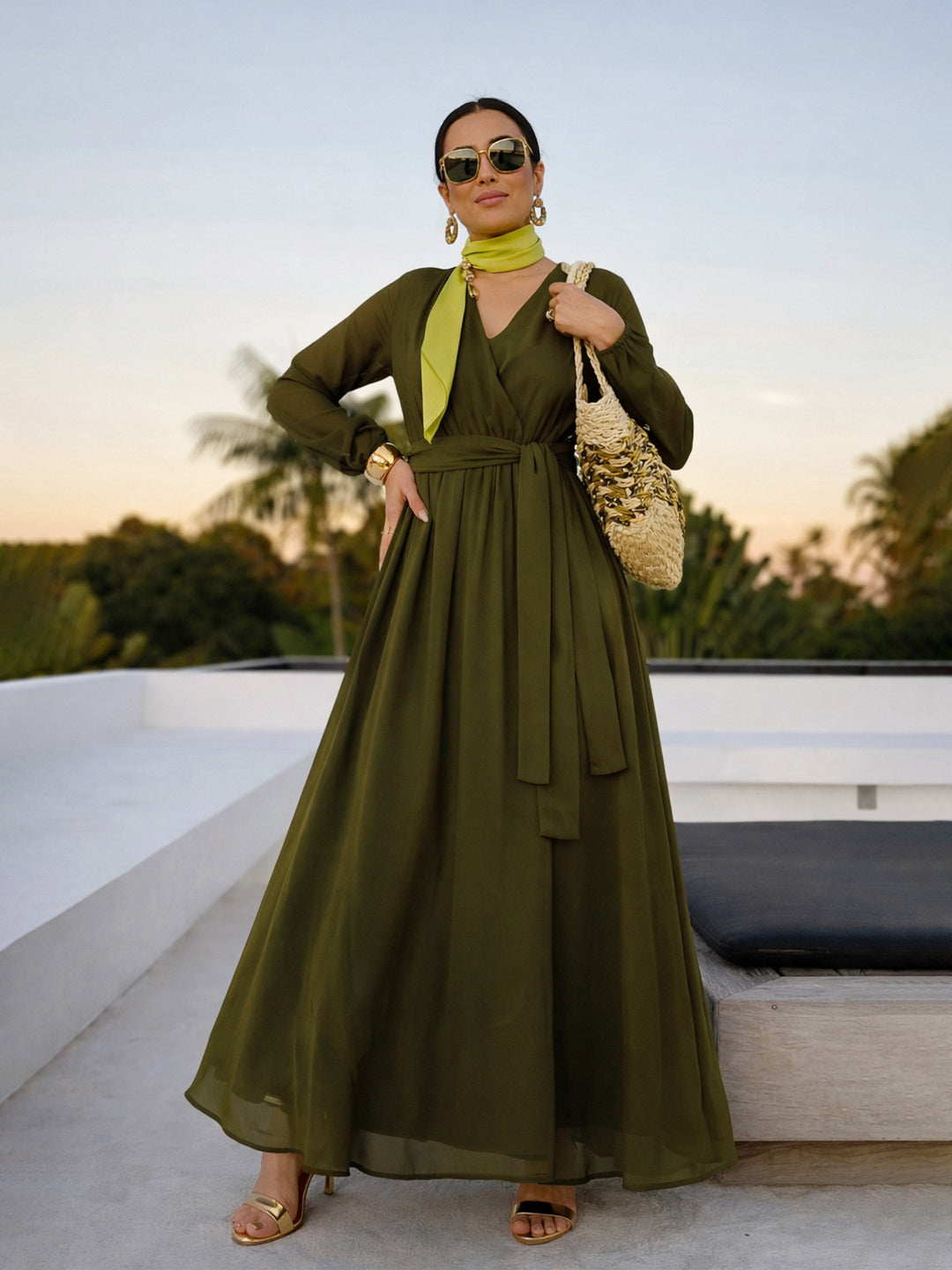 Women Olive V-Neck Full Sleeve Maxi Dress