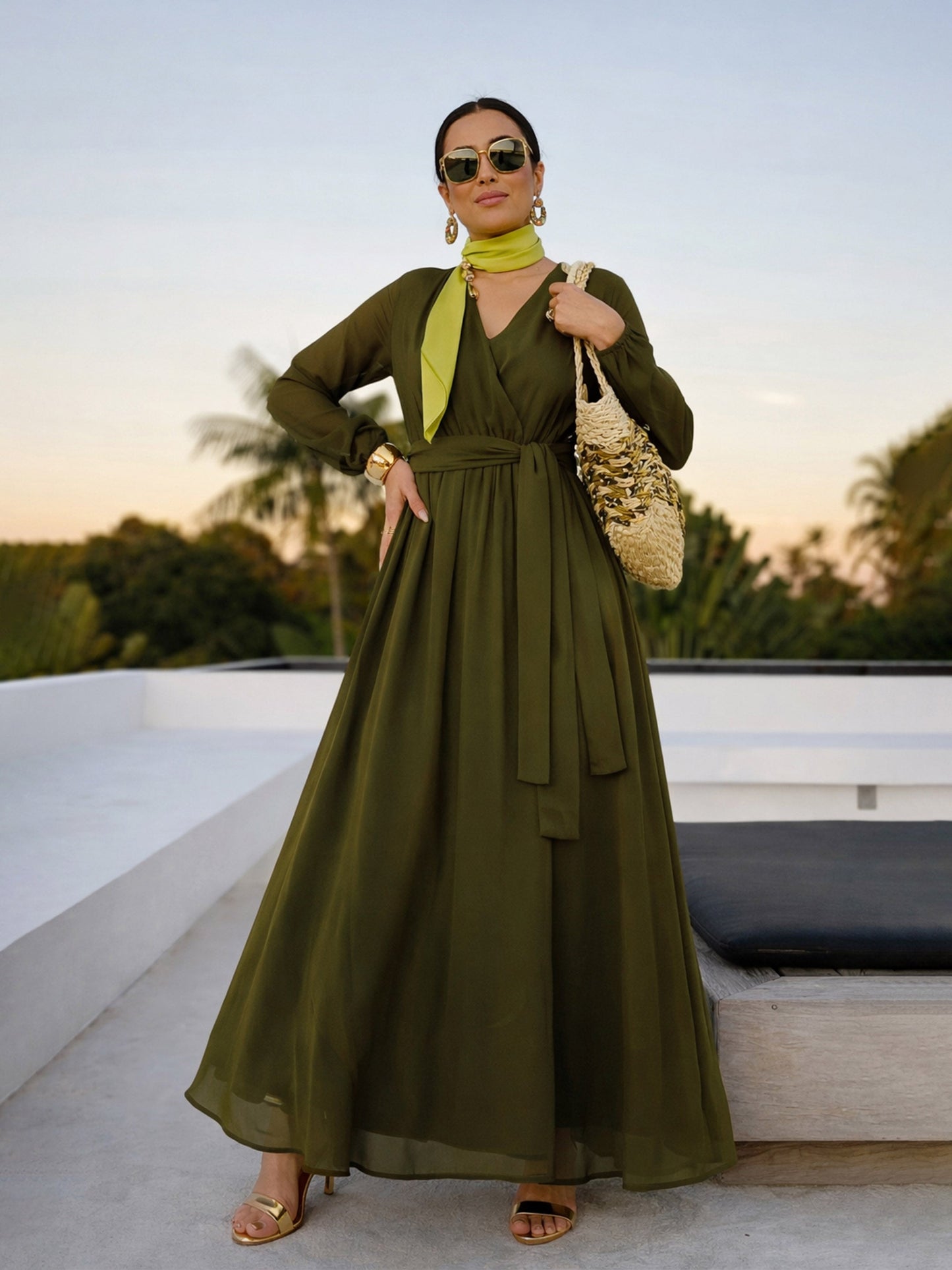 Women Olive V-Neck Full Sleeve Maxi Dress