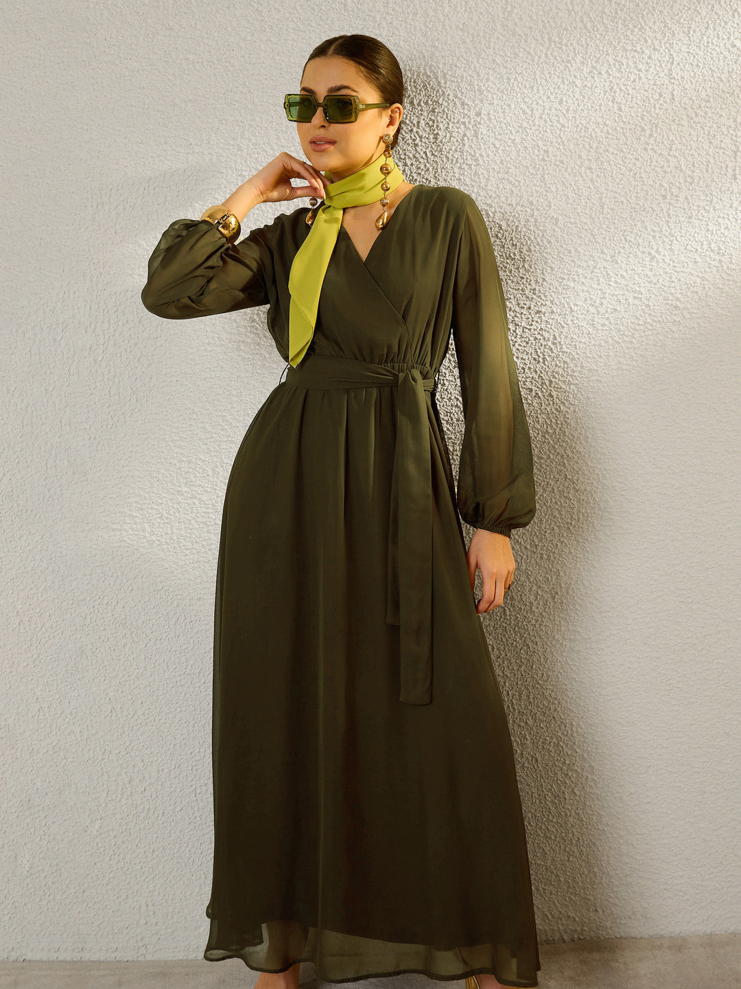 Women Olive V-Neck Full Sleeve Maxi Dress