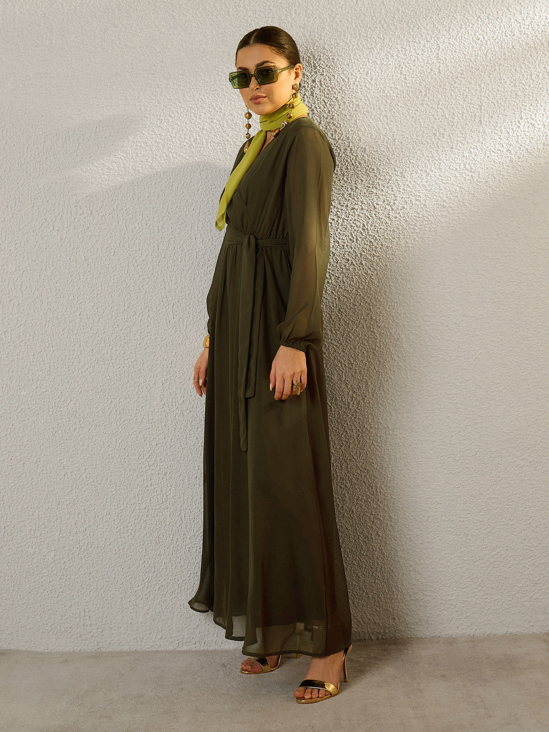 Women Olive V-Neck Full Sleeve Maxi Dress