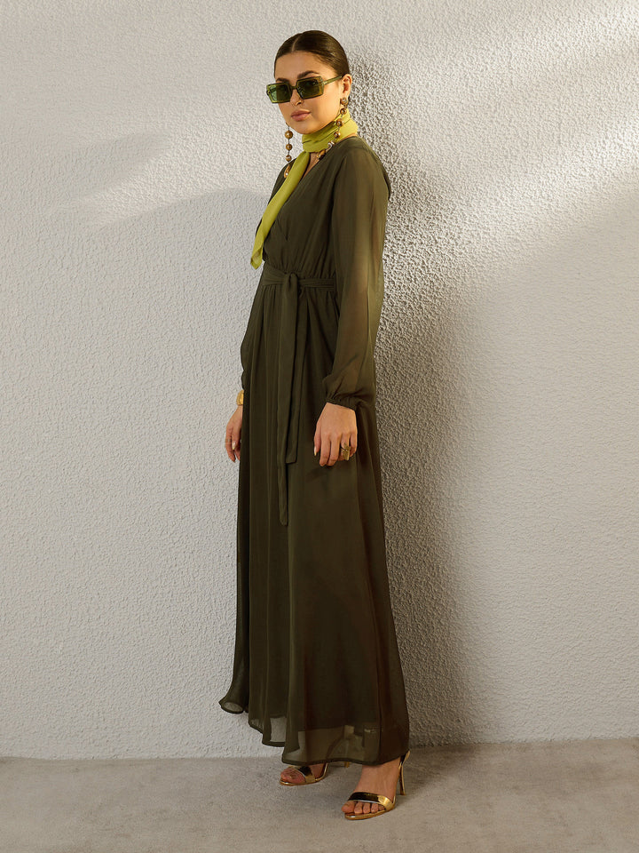 Women Olive V-Neck Full Sleeve Maxi Dress