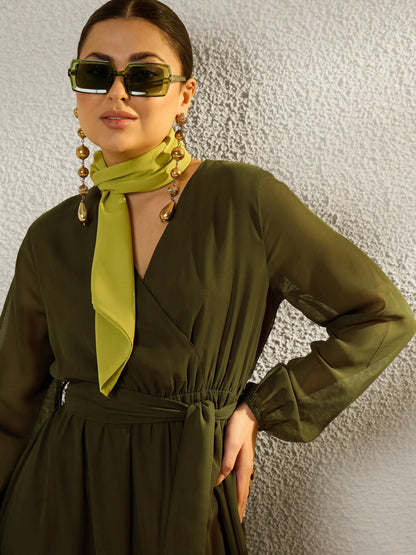 Women Olive V-Neck Full Sleeve Maxi Dress