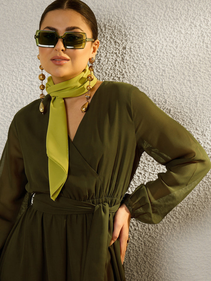 Women Olive V-Neck Full Sleeve Maxi Dress