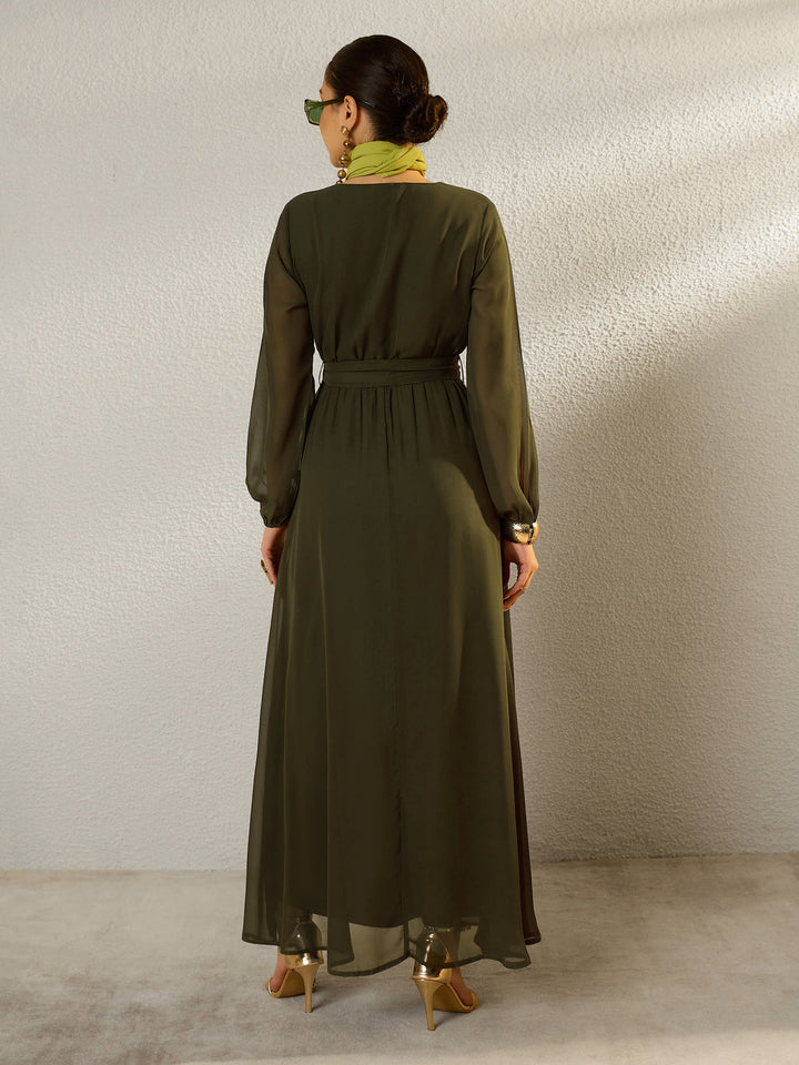 Women Olive V-Neck Full Sleeve Maxi Dress