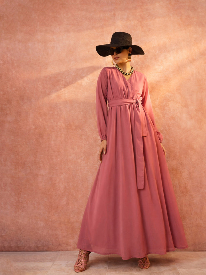 Women Pink V-Neck Full Sleeve Maxi Dress