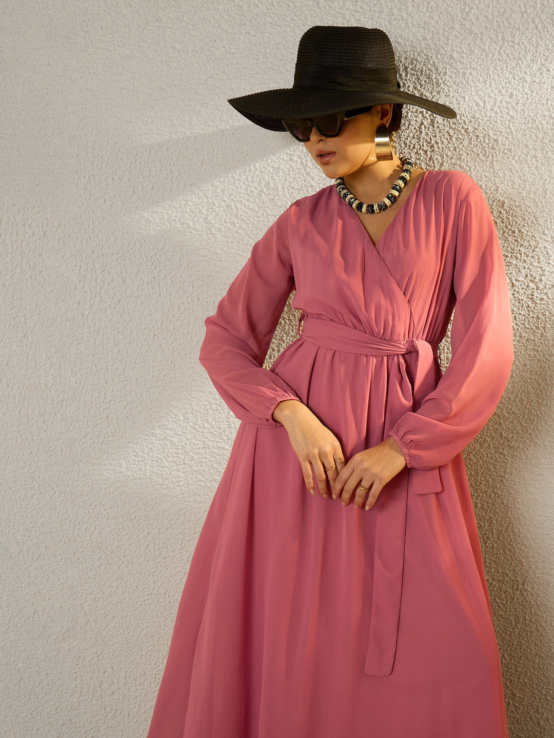 Women Pink V-Neck Full Sleeve Maxi Dress