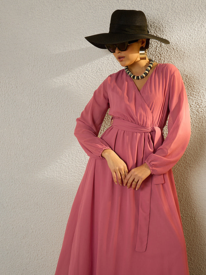 Women Pink V-Neck Full Sleeve Maxi Dress