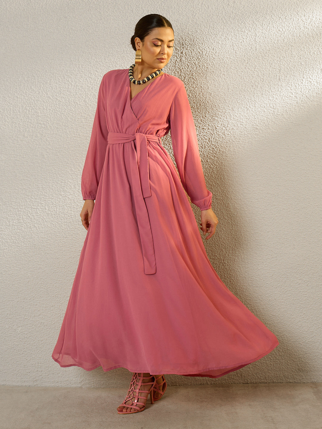 Women Pink V-Neck Full Sleeve Maxi Dress