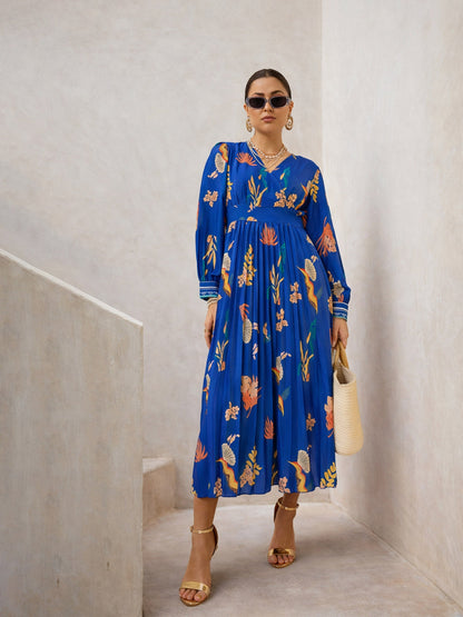 Women Blue Tropical Full Sleeves Pleated Midi Dress