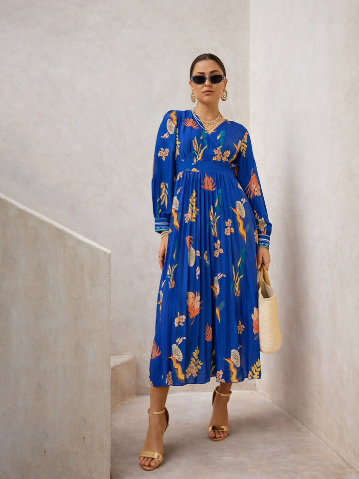 Women Blue Tropical Full Sleeves Pleated Midi Dress