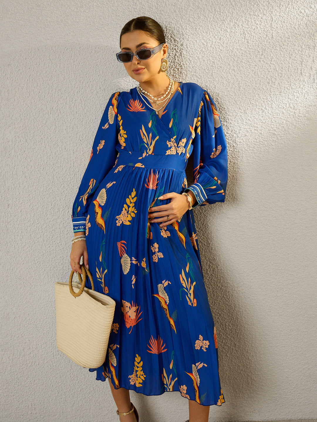 Women Blue Tropical Full Sleeves Pleated Midi Dress
