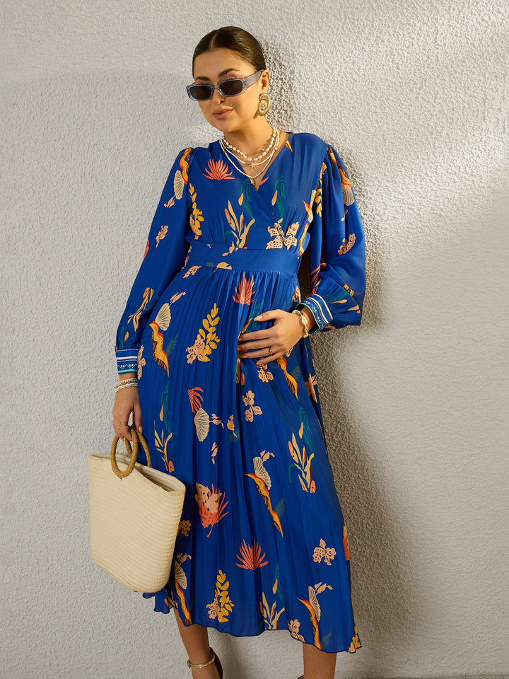 Women Blue Tropical Full Sleeves Pleated Midi Dress