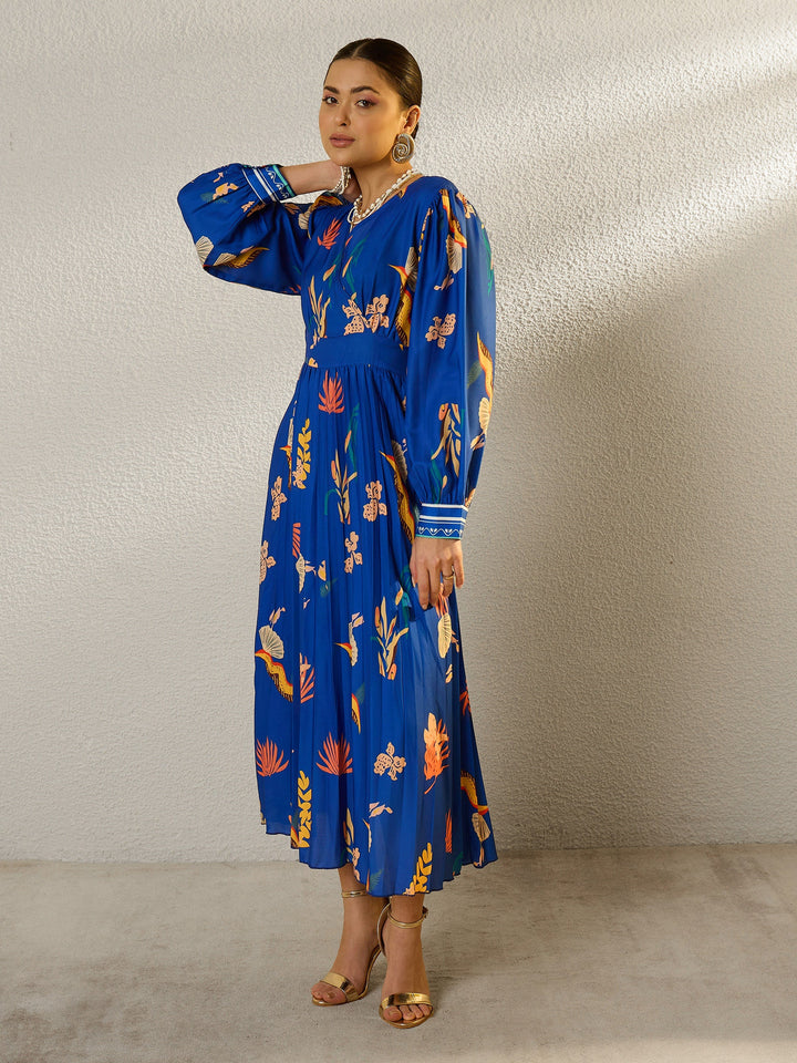 Women Blue Tropical Full Sleeves Pleated Midi Dress