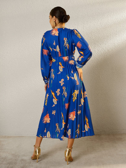 Women Blue Tropical Full Sleeves Pleated Midi Dress