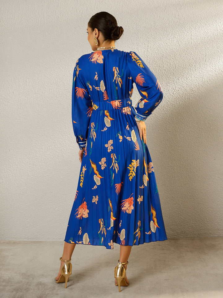 Women Blue Tropical Full Sleeves Pleated Midi Dress