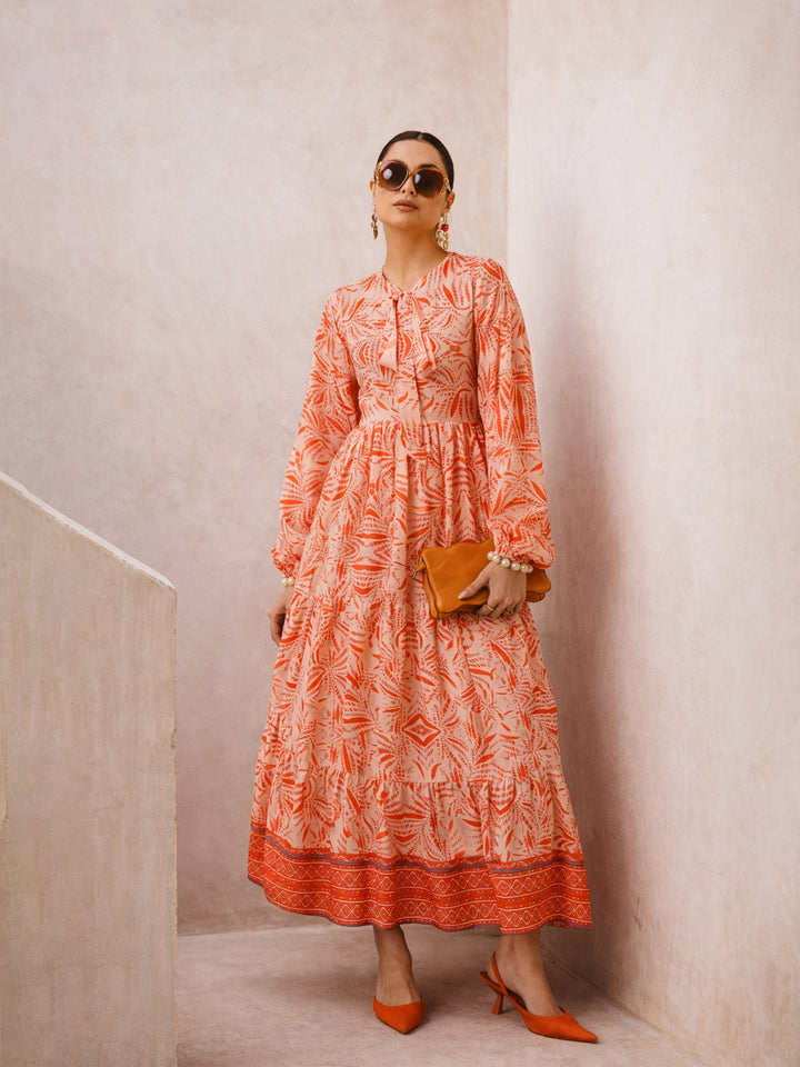 Women Orange Conversational Print Full Sleeves Maxi Dress