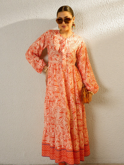 Women Orange Conversational Print Full Sleeves Maxi Dress