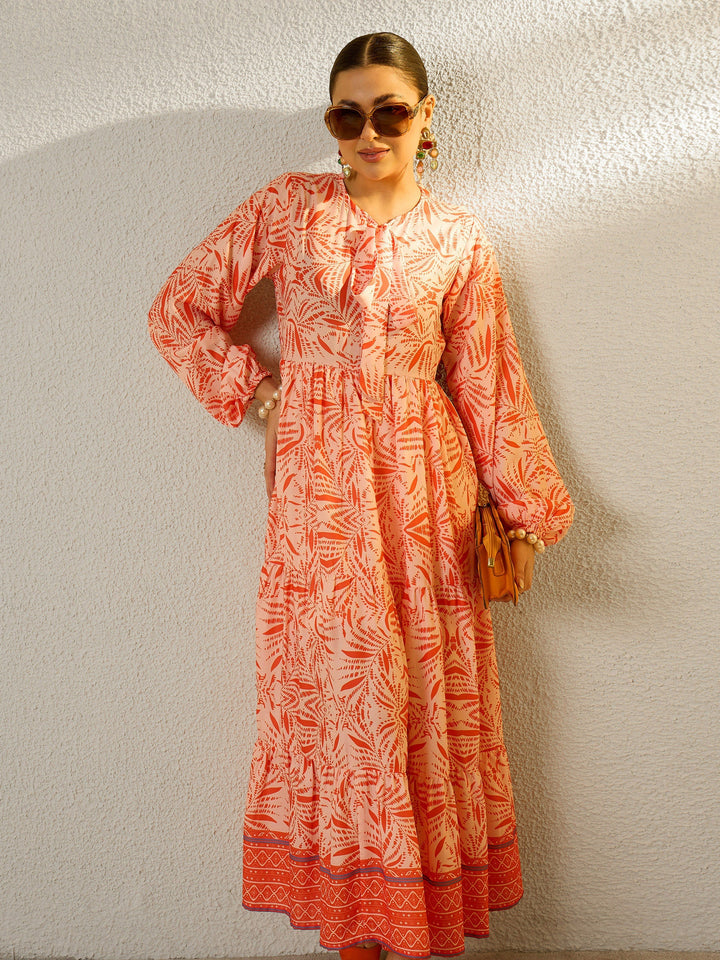 Women Orange Conversational Print Full Sleeves Maxi Dress