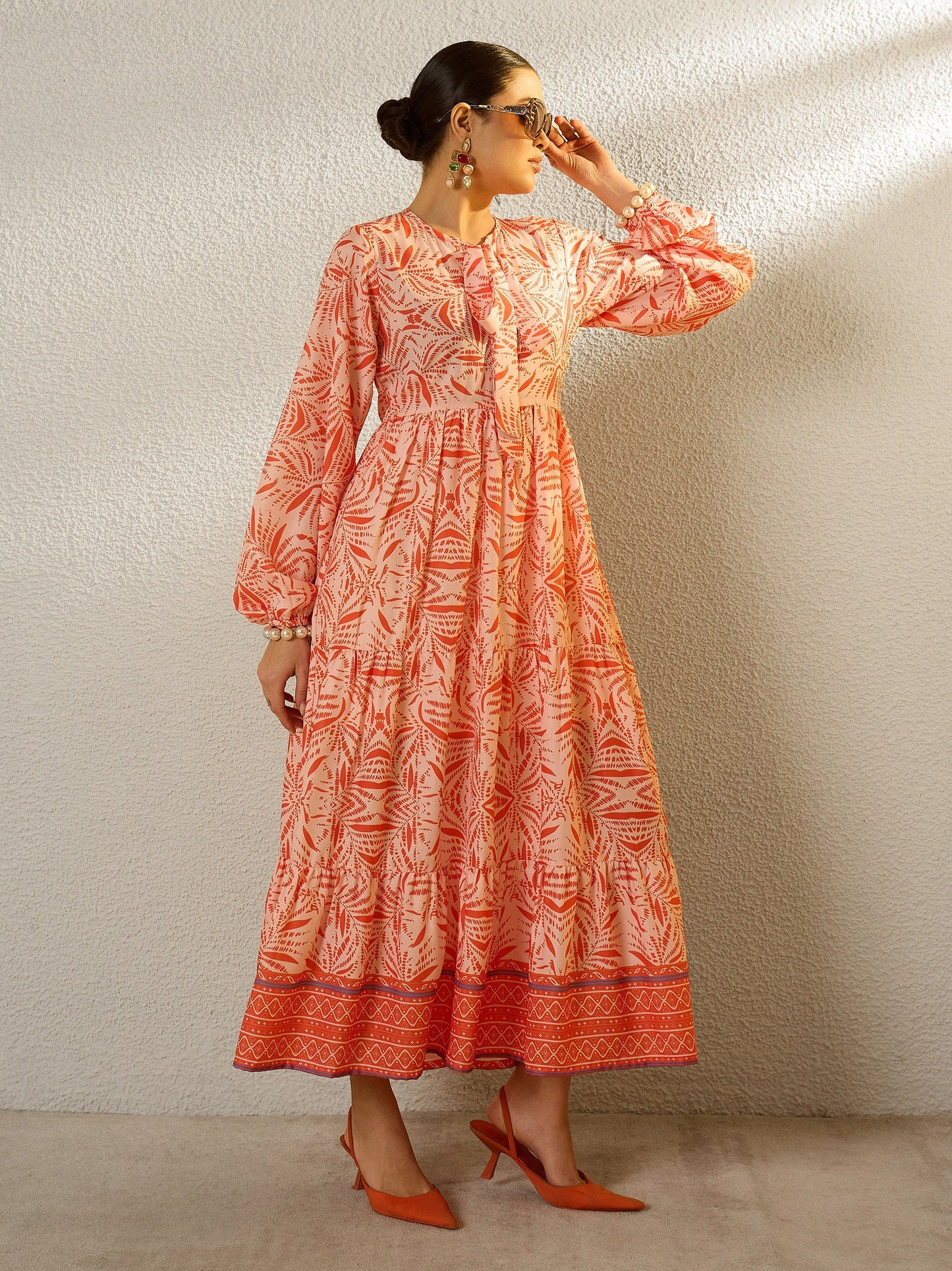Women Orange Conversational Print Full Sleeves Maxi Dress