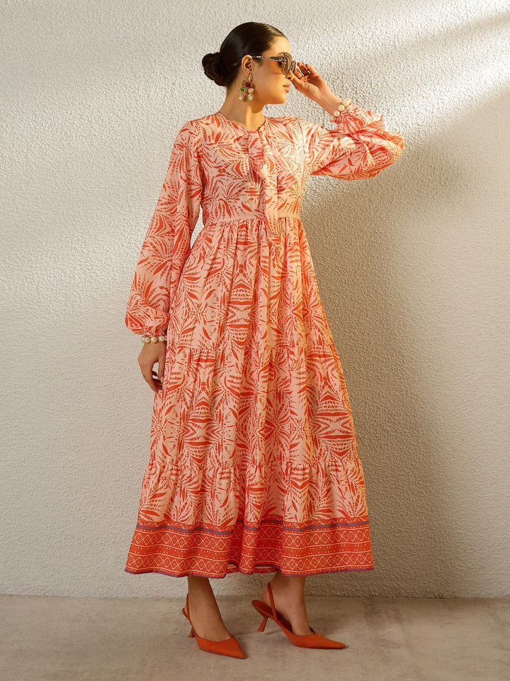 Women Orange Conversational Print Full Sleeves Maxi Dress