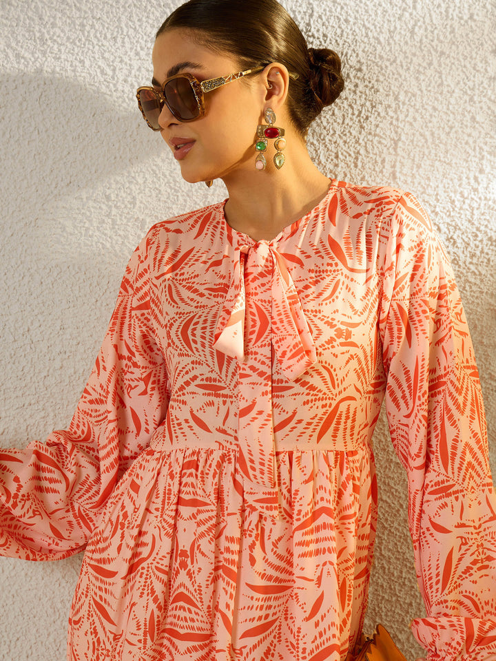 Women Orange Conversational Print Full Sleeves Maxi Dress