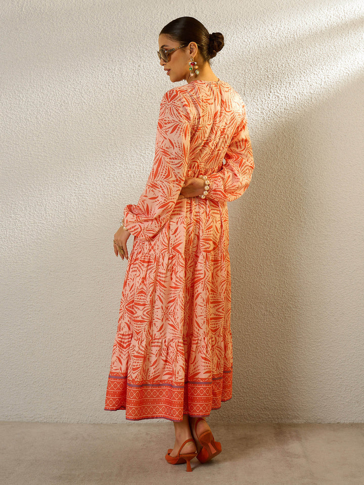 Women Orange Conversational Print Full Sleeves Maxi Dress