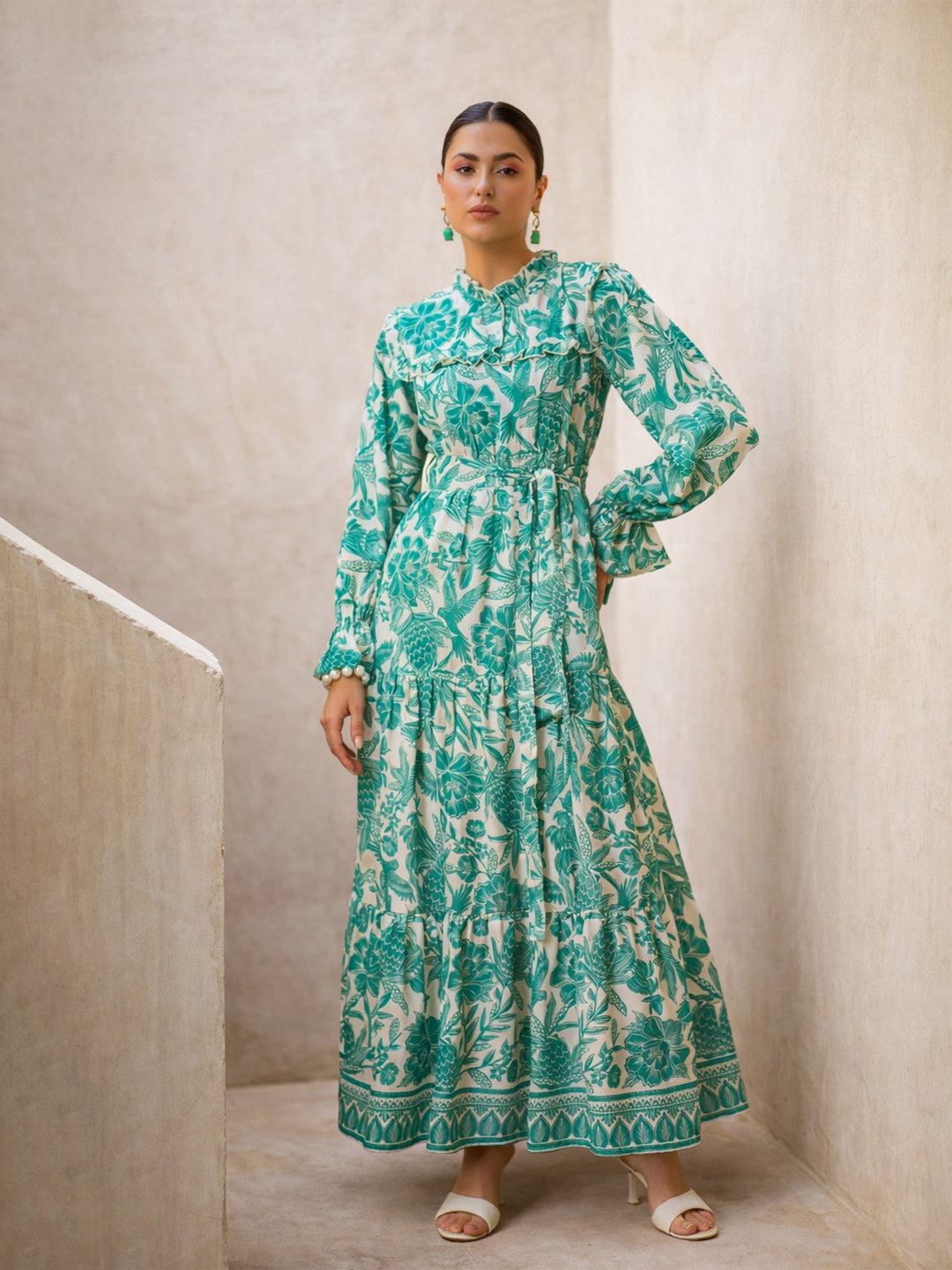Women Green Floral Full Sleeve Maxi Dress