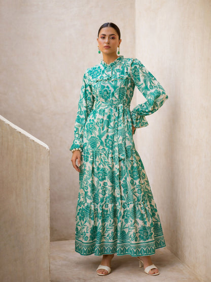 Women Green Floral Full Sleeve Maxi Dress