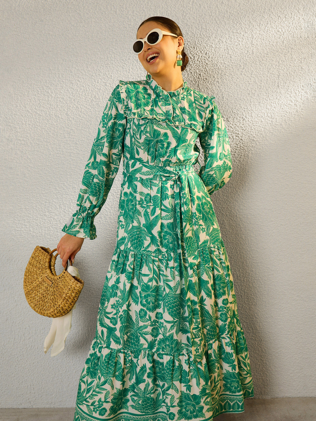 Women Green Floral Full Sleeve Maxi Dress