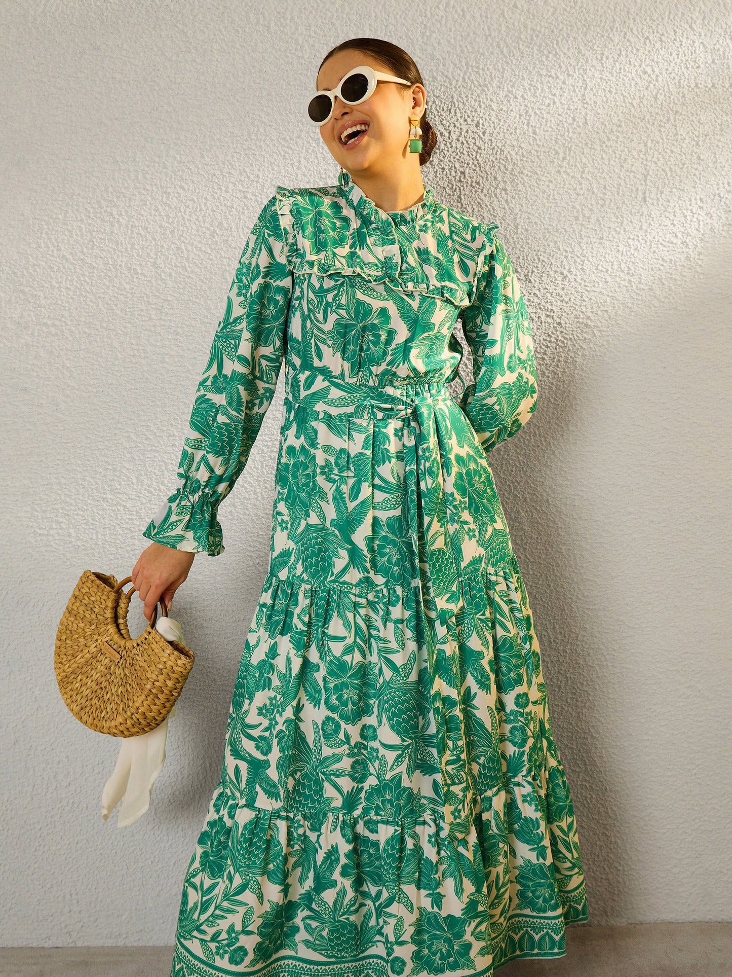 Women Green Floral Full Sleeve Maxi Dress