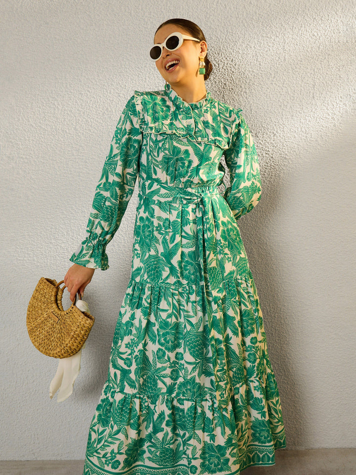 Women Green Floral Full Sleeve Maxi Dress
