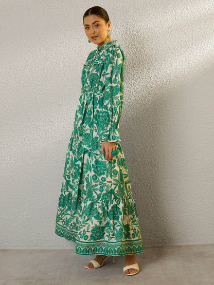 Women Green Floral Full Sleeve Maxi Dress